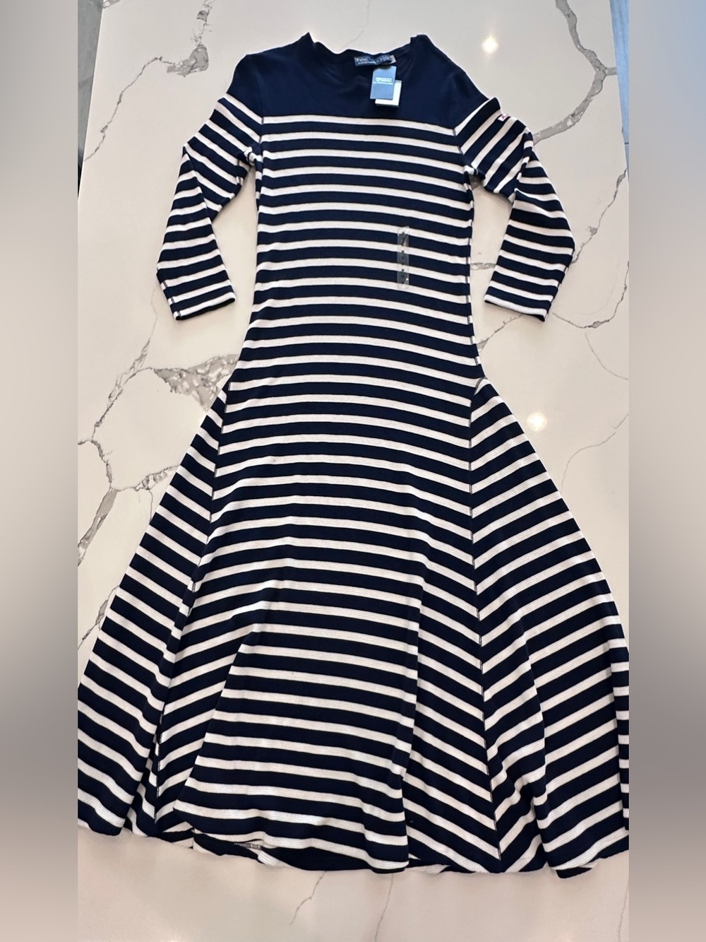 Polo Ralph Lauren Women’s Waffle Knit Maxi Dress Striped Navy White Sz M NWT
